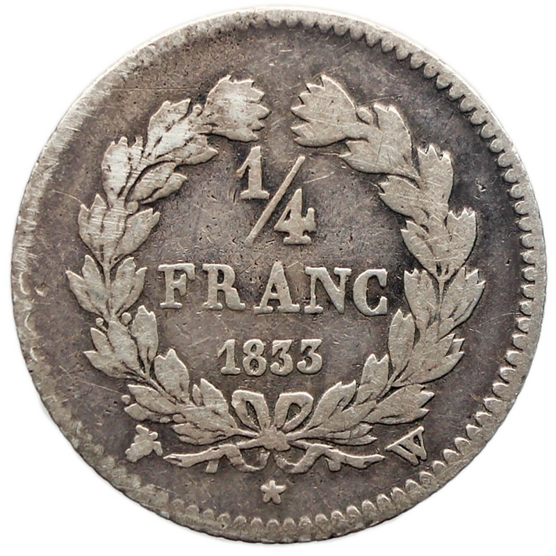 1833 W 1/4 Franc France Coin Louis-Philippe I Silver Lille Mint