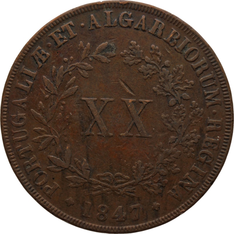 1847 20 Reis Portugal Coin Maria II
