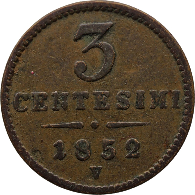 1852 V 3 Centesimi Lombardy Venetia Italy Coin Franz Joseph I Venice Mint