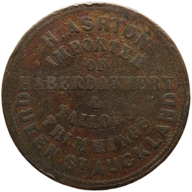 1863 1 Penny Ashton, H. Auckland New Zealand Trade Token