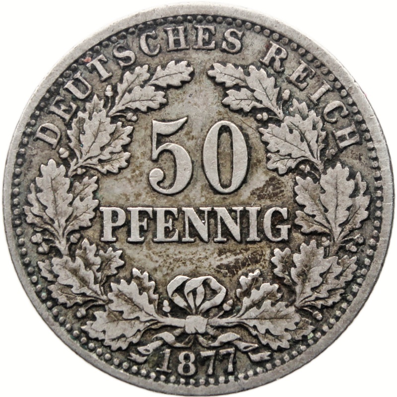 1877 H 50 Pfenning Germany Wilhelm I Coin Silver Darmstadt Mint