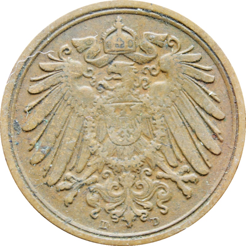 1908 D Germany One Pfennig Wilhelm II Coin Type 2 Small Shield