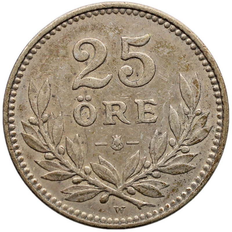 1914 W 25 Öre Sweden Coin Gustaf V Silver