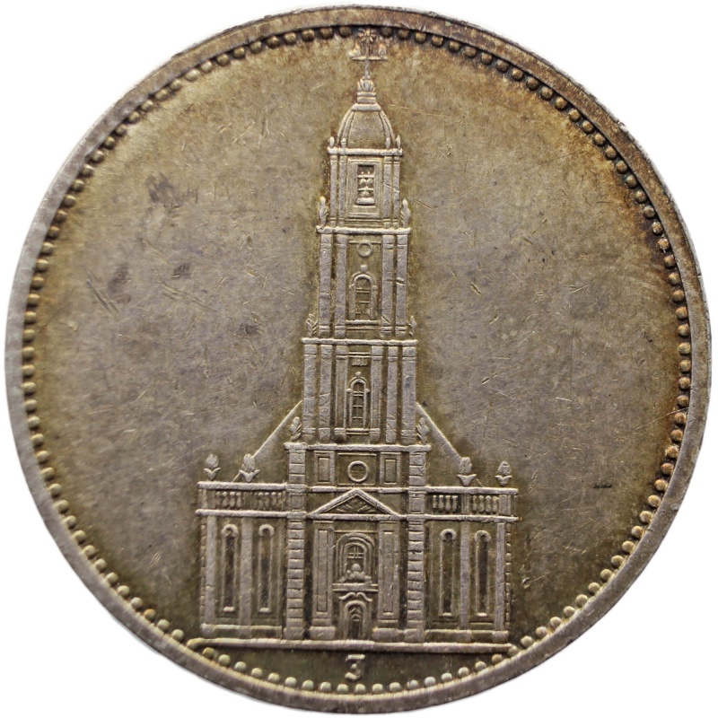 1935-J Germany 5 Mark Silver Coin Potsdam Church Hamburg Mint