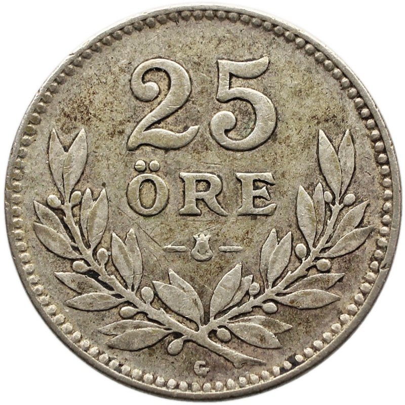 1939 G 25 Ore Sweden Coin Gustaf V Silver