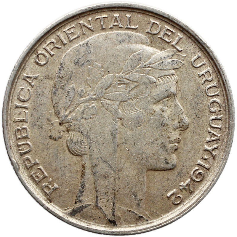 1942 20 Centavos Uruguay Coin Silver Santiago Mint