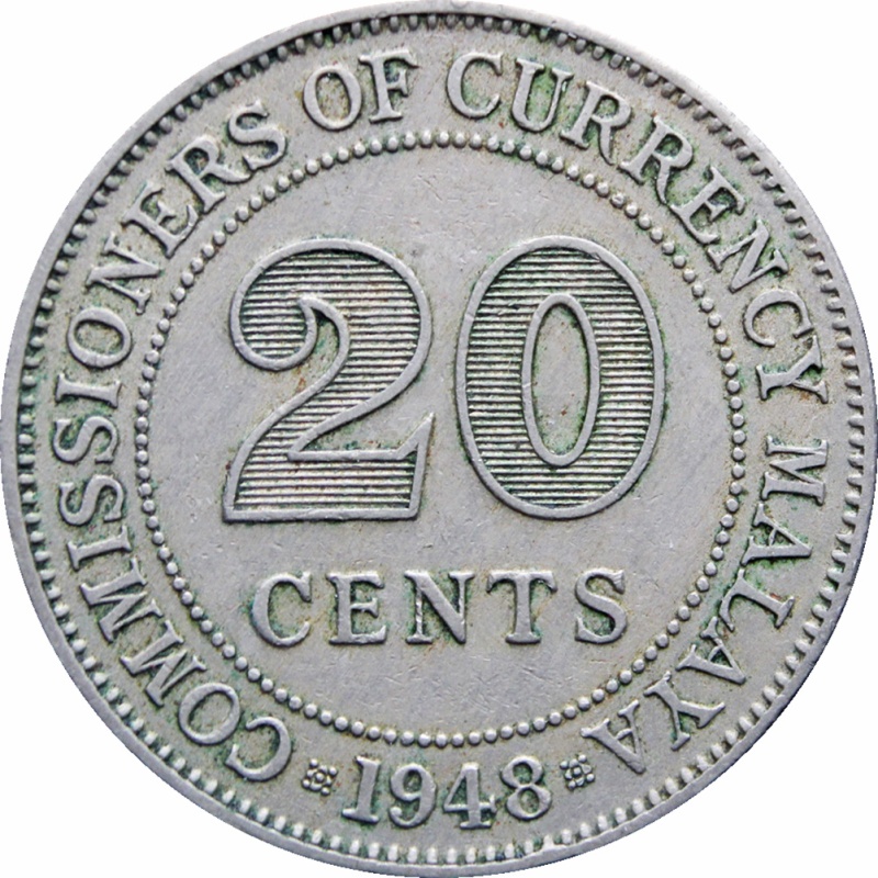 1948 Malaya 20 Cents George VI Coin