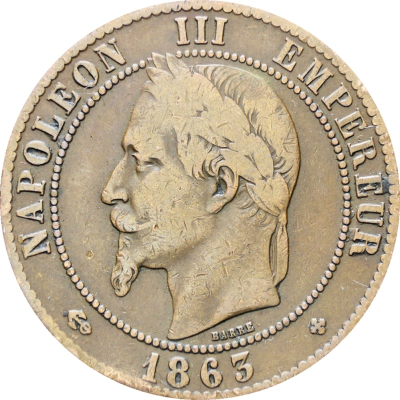 France 1863 10 Centimes Napoleon III Coin Strasbourg Mint
