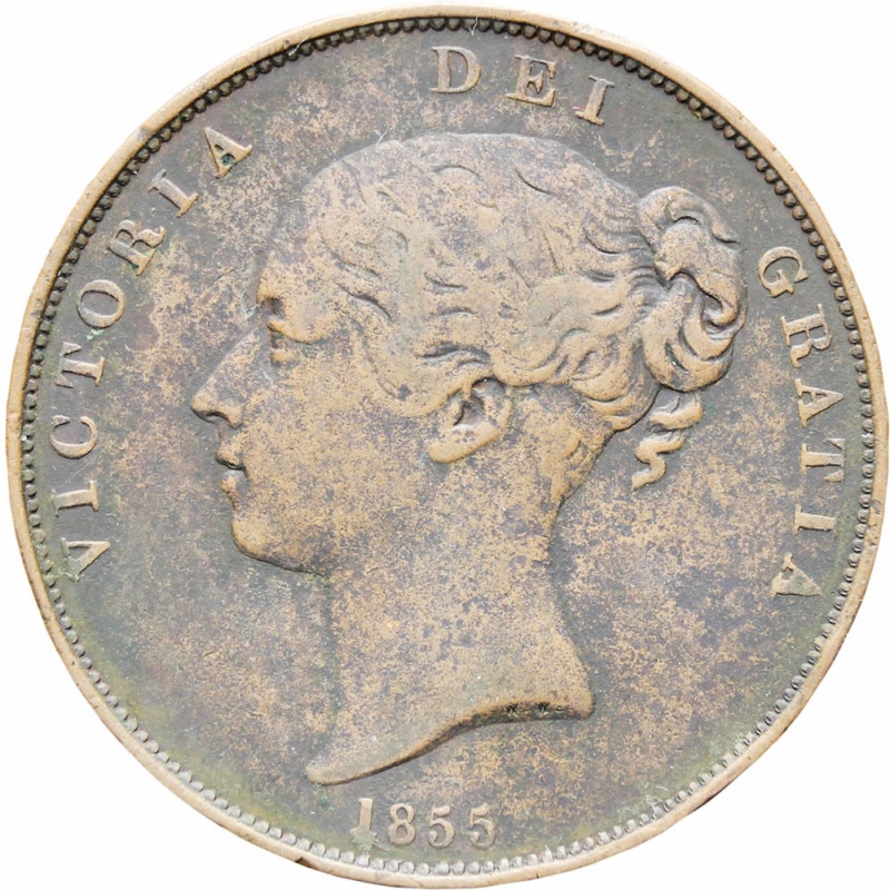 Great Britain Queen Victoria 1855 One Penny Copper Coin Plain Trident