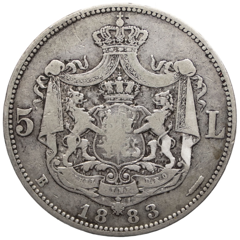 1883 B 5 Lei Romania Coin Silver Carol I Edge 6 Stars
