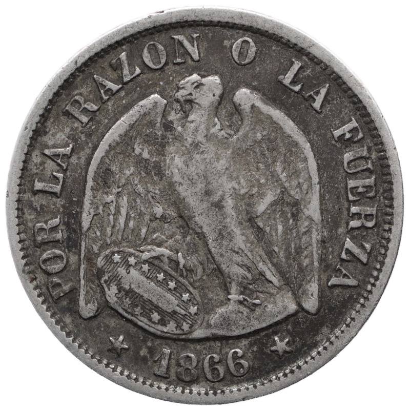 1866 20 Centavos Chile Coin Silver Santiago Mint