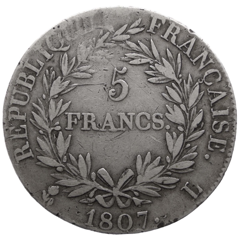 1807 L 5 Francs Napoleon I Coin France Silver Bayonne Mint