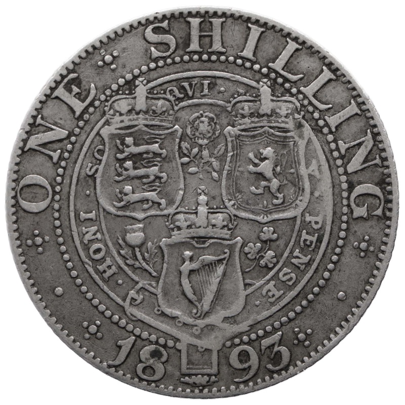 1893 Shilling Queen Victoria UK Silver Coin 3rd portrait; 'Old Head'