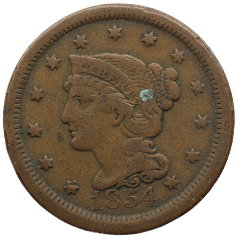1854 One Cent United States Coin Braided Hair