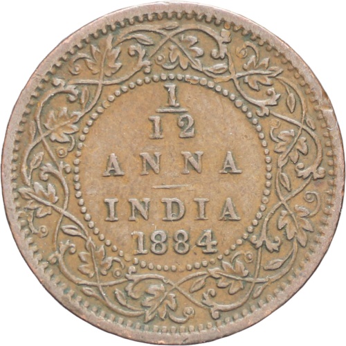 India – British Queen Victoria 1884 1/12 Anna Copper Coin