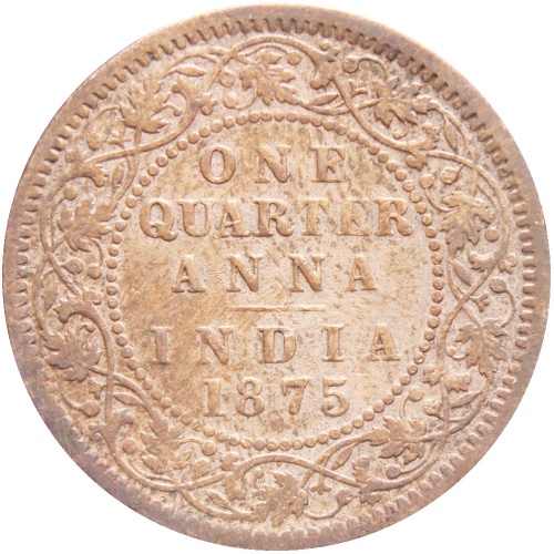 India British Queen Victoria 1875 Quarter Anna Copper Coin