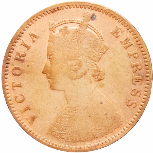 India British Queen Victoria 1889 Quarter Anna Copper Coin Two Leaves Below Date