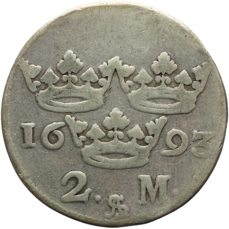Rare 1693 2 Mark Sweden Silver Coin Charles XI Type III