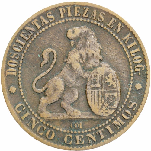 1870 OM 5 Centimos CoinSpain Cinco Centimos