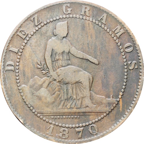 Spain 1870 OM Diez Centimos 10 Centimos Coin