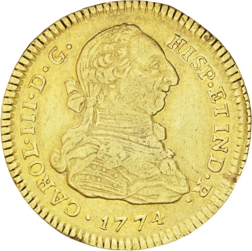 Spain Colombia Carlos III 2 Escudos 1774 P JS Gold Coin