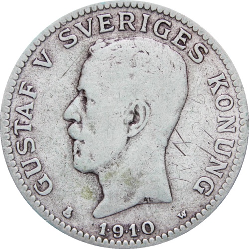 Sweden 1910 1 Krona Gustaf V Coin Silver