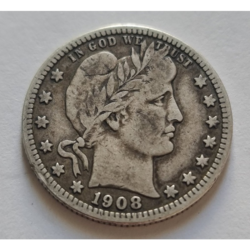 United States. 1/4 Dollar 1908-D Barber