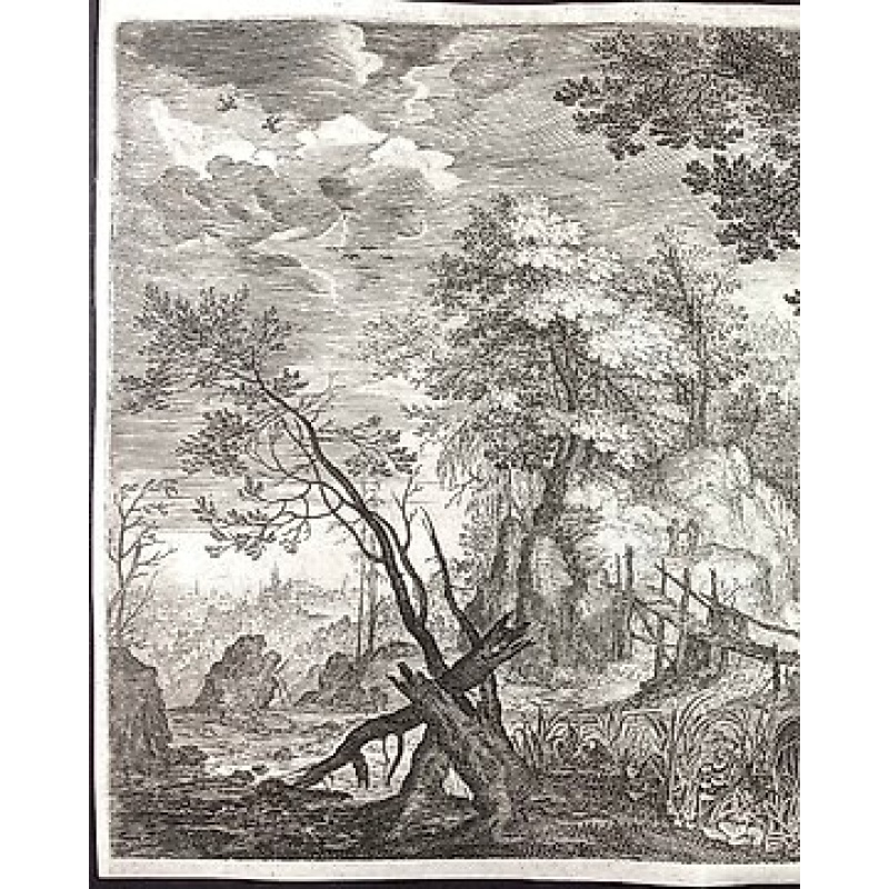 Aegidius Sadeler (1570-1629), da Roelant Savery - Paesaggio montuoso con ponte di legno