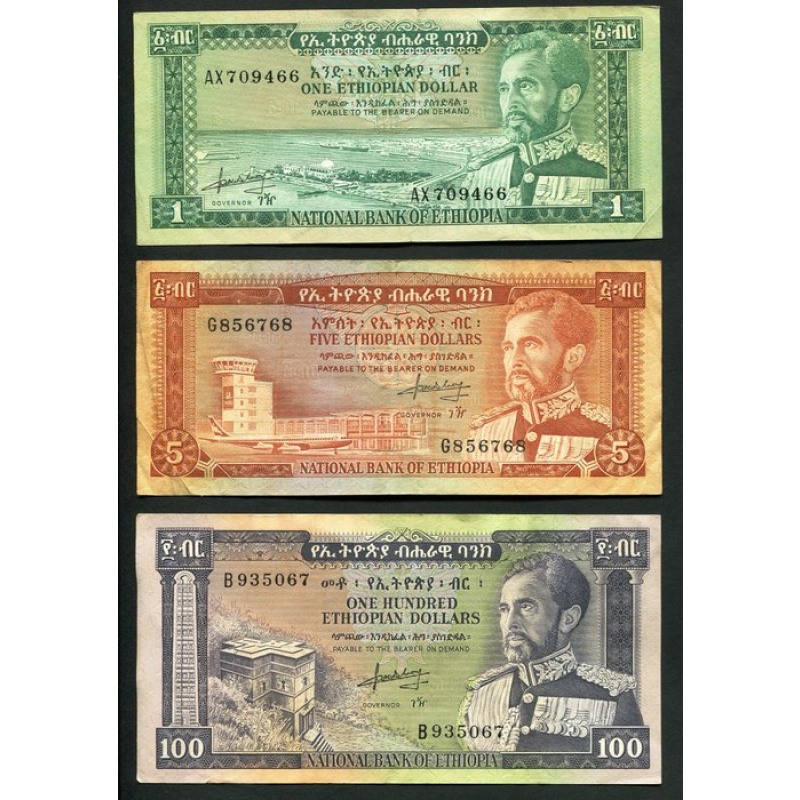 Ethiopia. - 1 , 5, 100 Dollars - 1966 - Pick 25, 26, 29