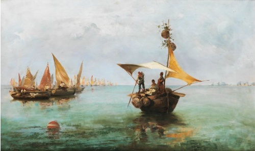 Giuseppe Pogna (1845 – 1907) - Barche a vela sul mare calmo al largo di Venezia
