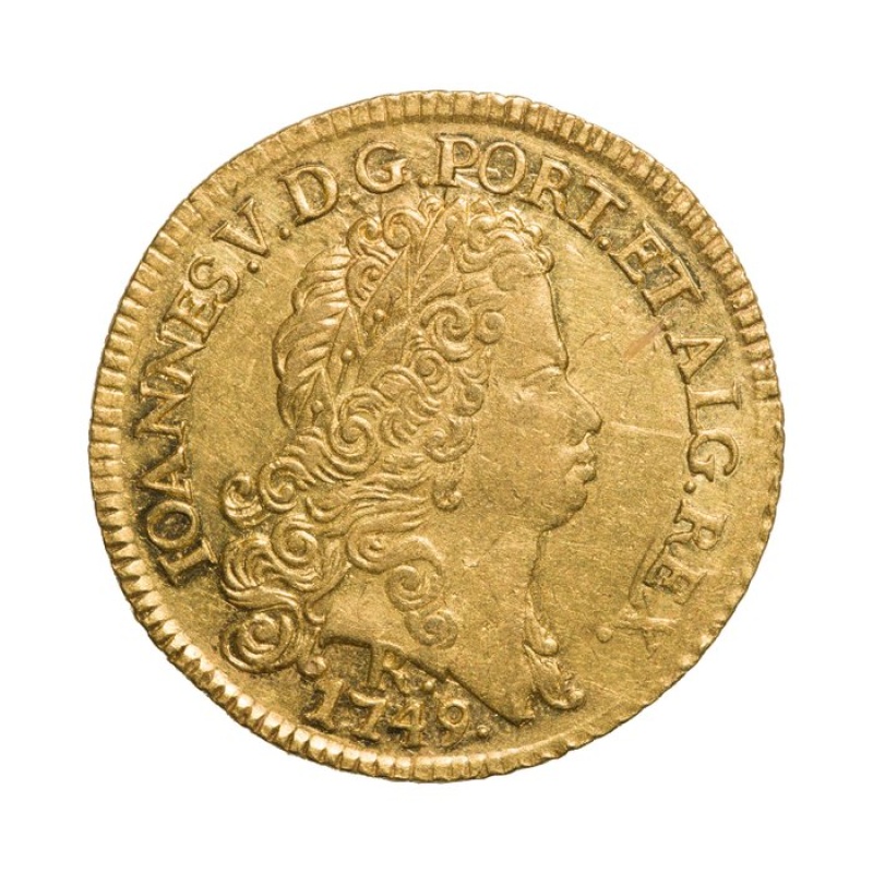 1749 6400 Reis Peça Brazil Colonial João V Rio de Janeiro Mint Gold Coin Rara
