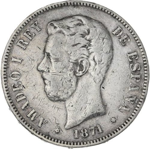 1871 5 Pesetas Spain Silver Coin