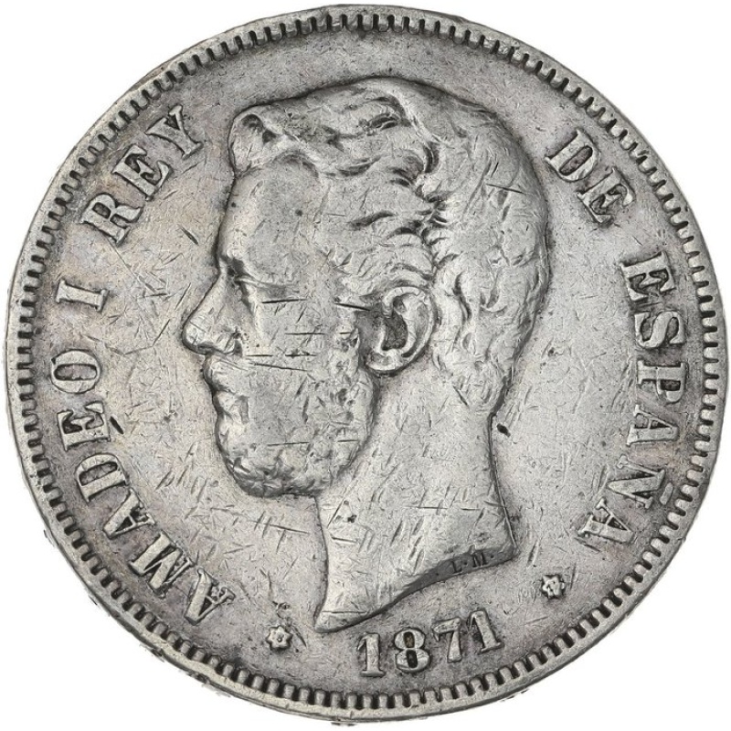 1871 5 Pesetas Spain Silver Coin