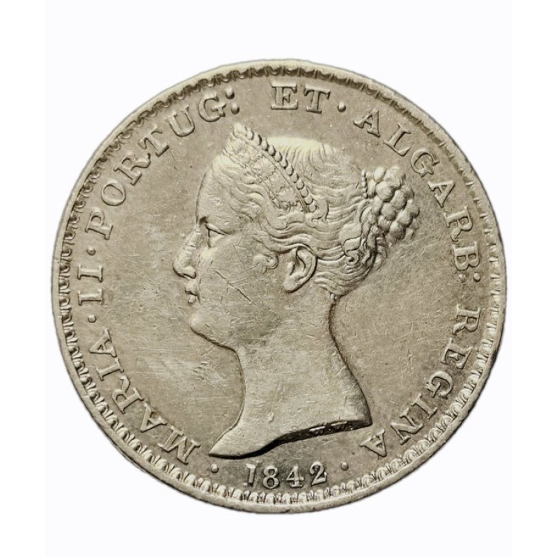 1842 500 Reis Meia Coroa 5 Tostões Portugal Maria II Silver Coin