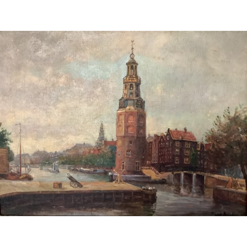 WIllem Johannes Burksen (1857-1935 - Stadsgezicht Amsterdam, de Oude Schans en Montelbaanstoren