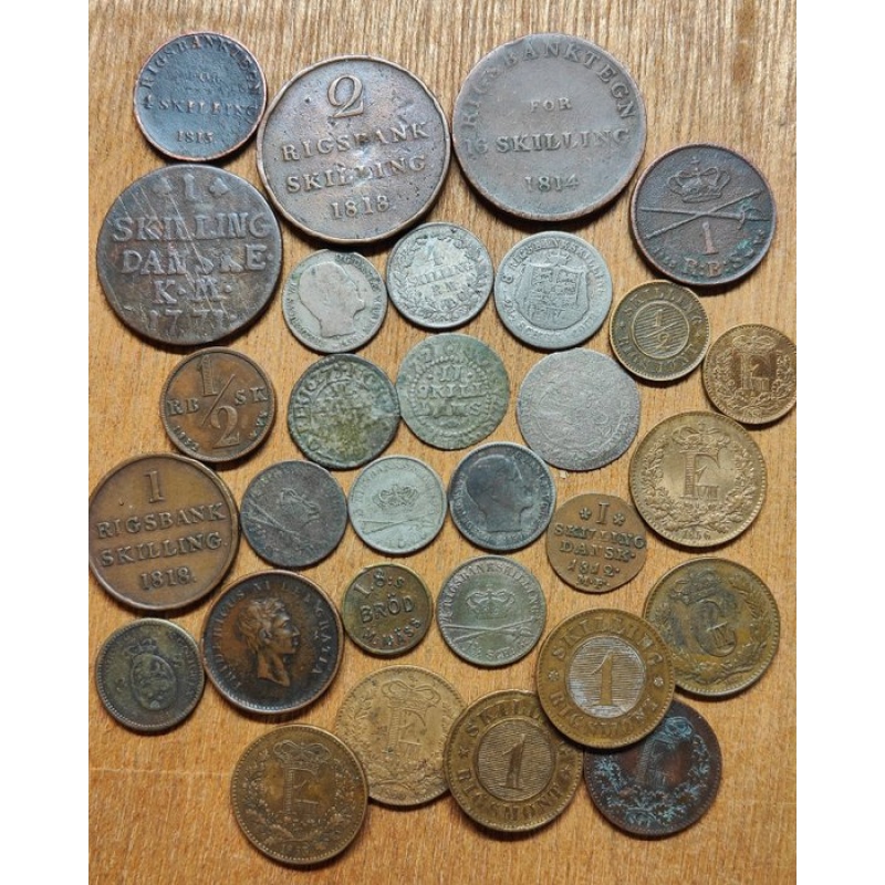 Denmark. Lot of 30 coins, incl. silver; various denominations XVIII/XIX cent.