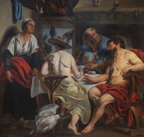 Jacob Jordaens (1593-1678), Follower of - Grande scena mitologica, Filemone e Bauci visitati da Giove e Mercurio
