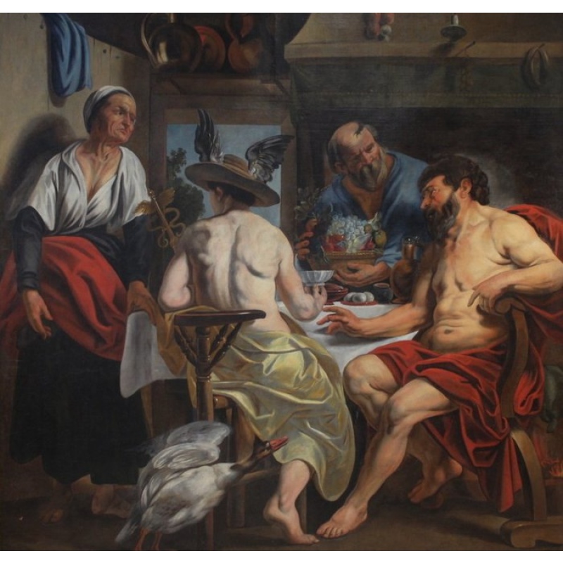 Jacob Jordaens (1593-1678), Follower of - Grande scena mitologica, Filemone e Bauci visitati da Giove e Mercurio