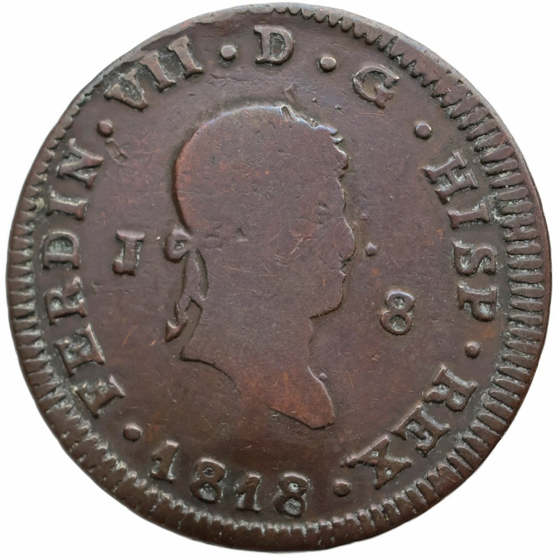 1818 8 Maravedis Ferdinand VII Coin Spain Jubia mint; 2nd portrait