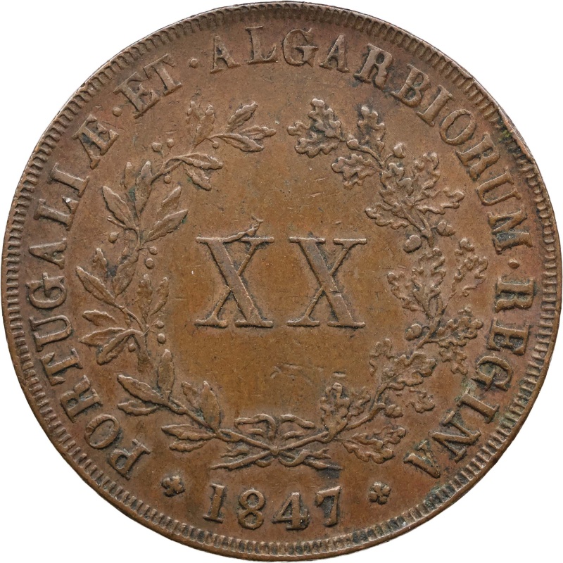 1847 20 Reis Portugal Maria II Coin