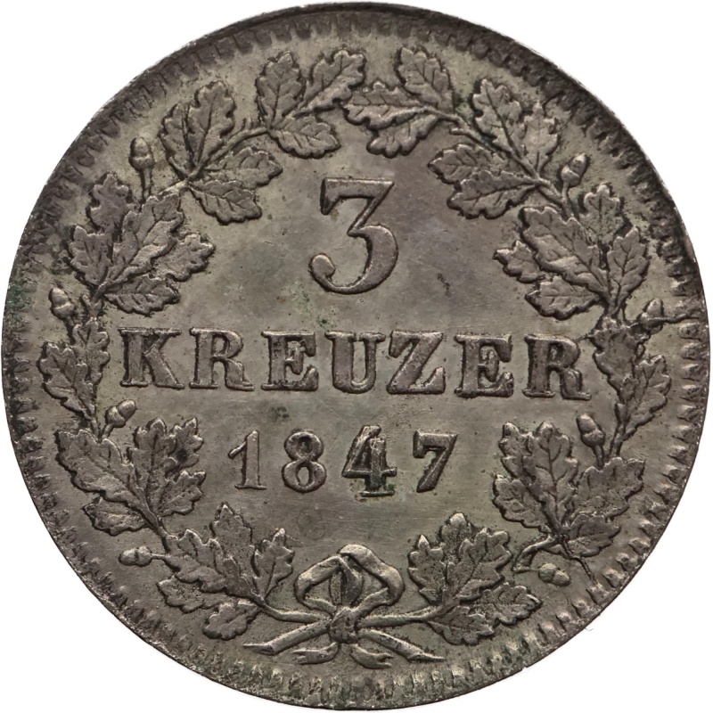 1847 3 Kreuzers Grand-duchy of Baden German states Leopold Coin