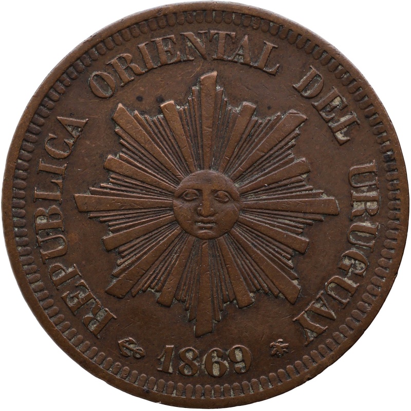 1869 A 2 Centesimos Uruguay Coin Paris Mint