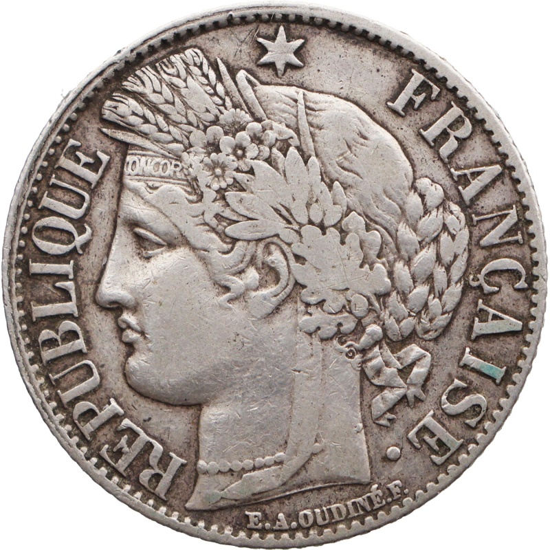 1872 K French Republic 1 Franc Coin Bordeaux Mint
