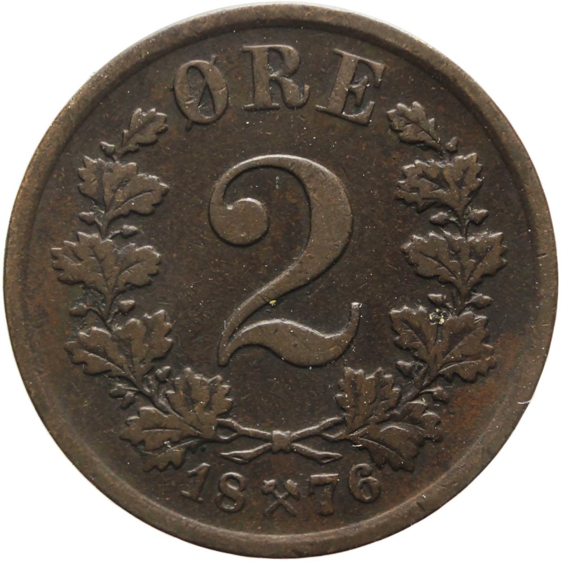 1876 2 Øre Norway Coin Oscar II