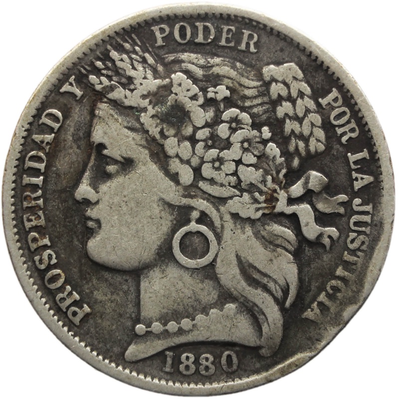 1880 One Peseta Peru Silver Coin with dot after B
