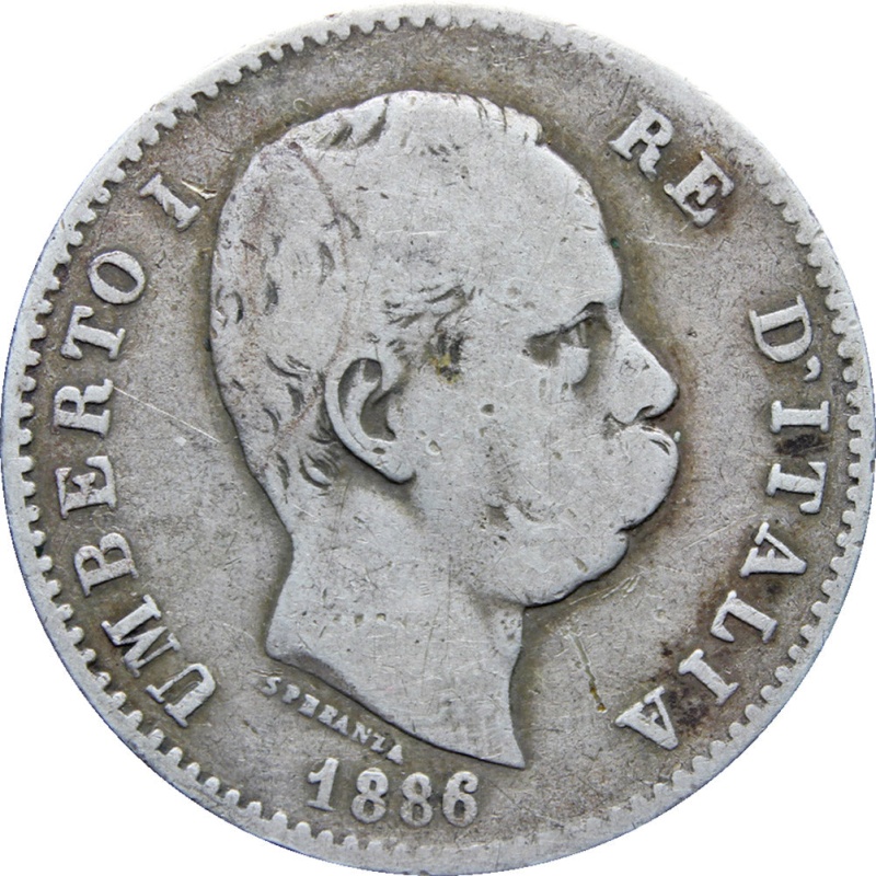 1886 Italy Umberto I One Lira Silver Coin
