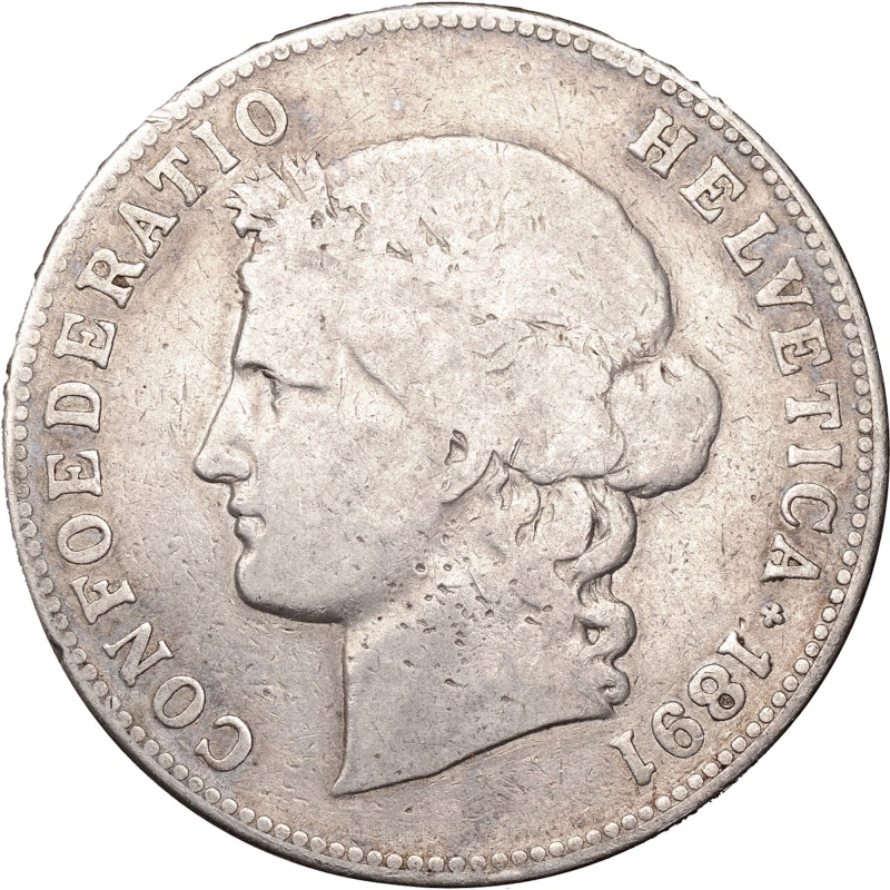 1891 5 Francs Switzerland Coin Silver Bern Mint