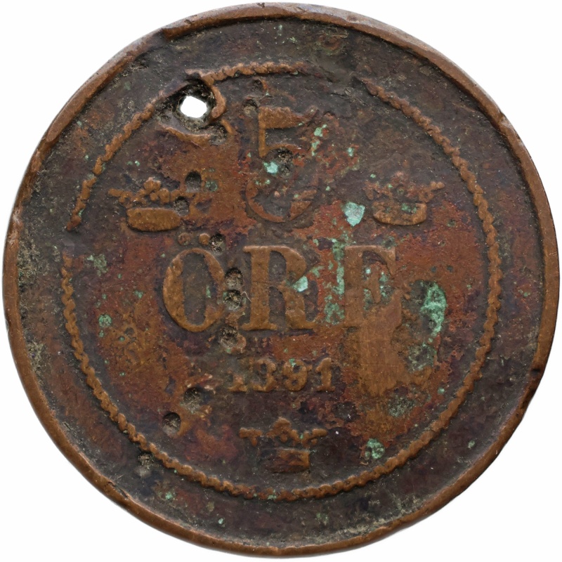 1891 5 Ore Sweden Coin Oscar II, Large Letters, 4 Ridges in crown