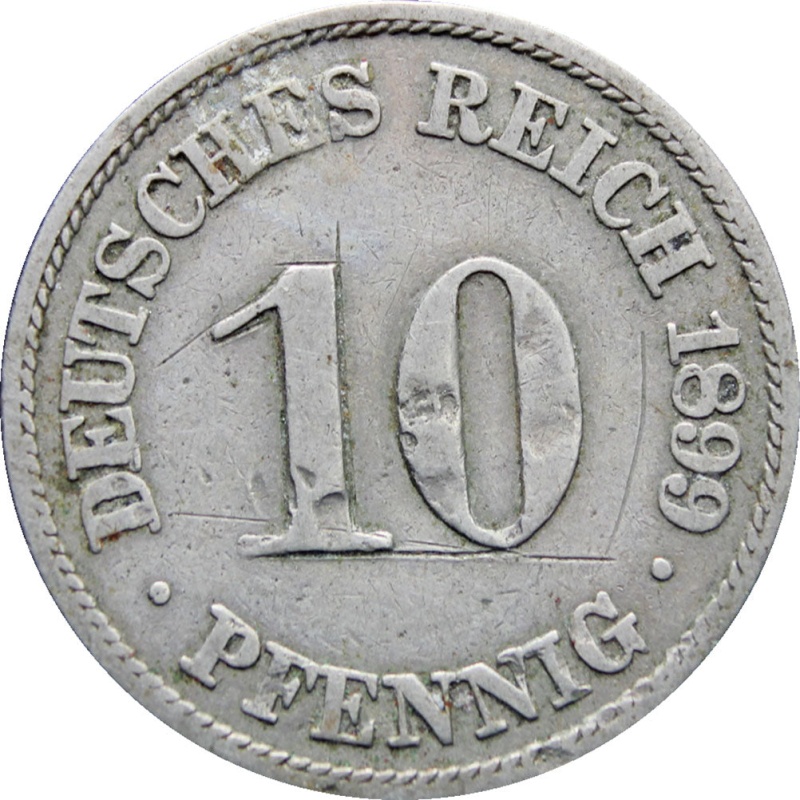 1899 A Germany 10 Pfennig Wilhelm II Coin Type 2, Small Shield