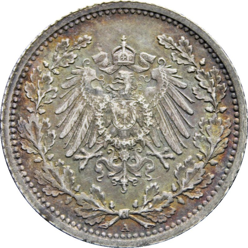 1905 A Germany Half Mark Wilhelm II Coin Silver (type 2 - small shield)